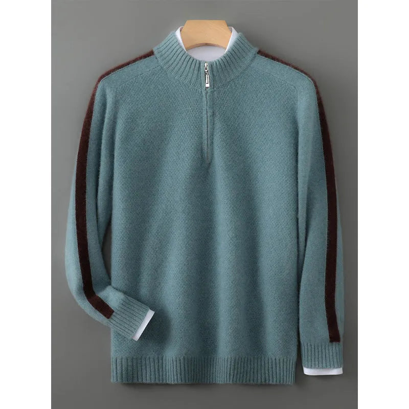Sheep wool half-zip knitted pullover sweater in slim fit on a hanger.