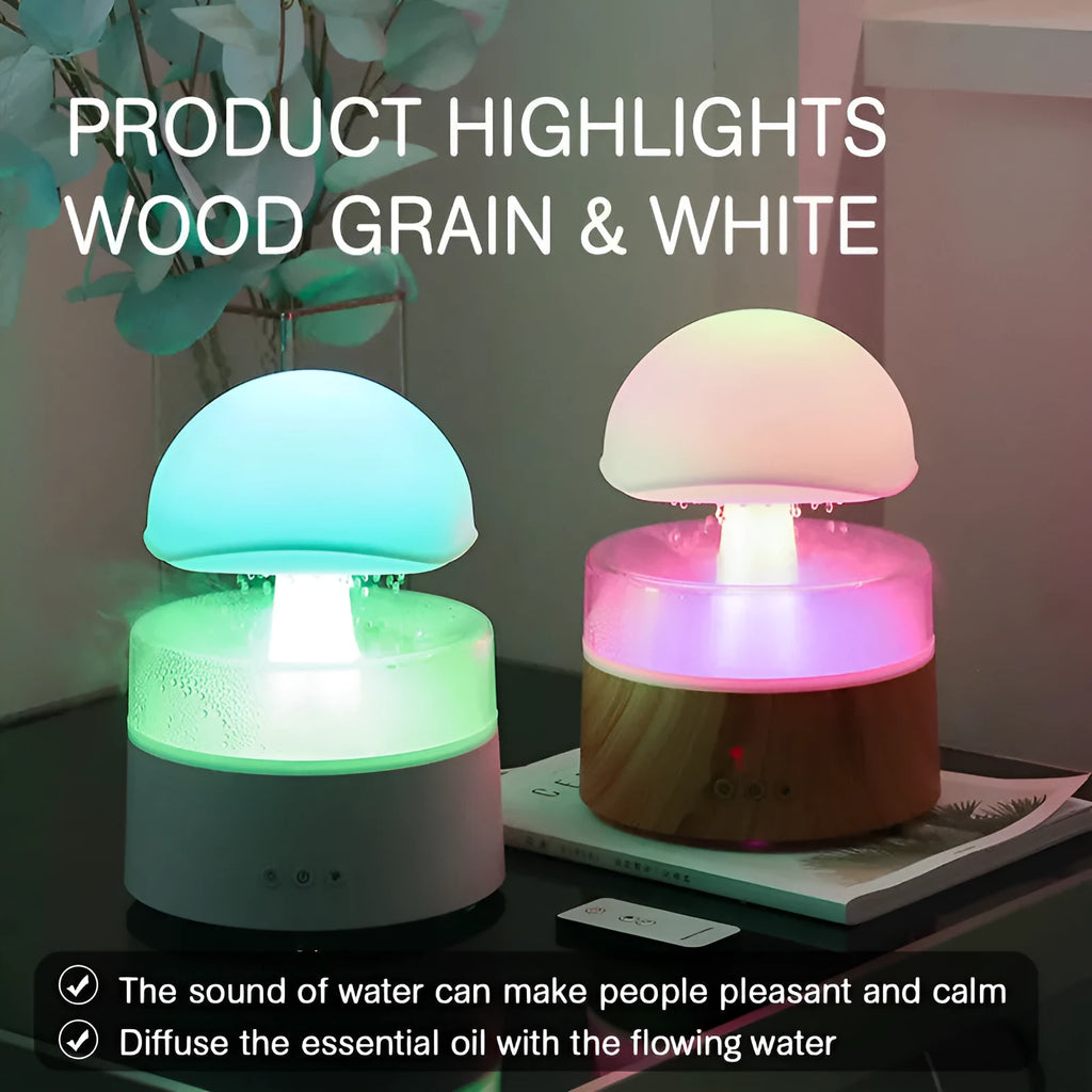 White rain cloud shaped humidifier with LED lighting and aromatherapy functions