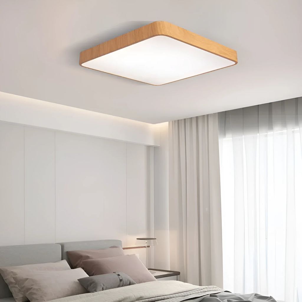 Nordic style square LED ceiling light with wood grain finish and smart dimming controls.