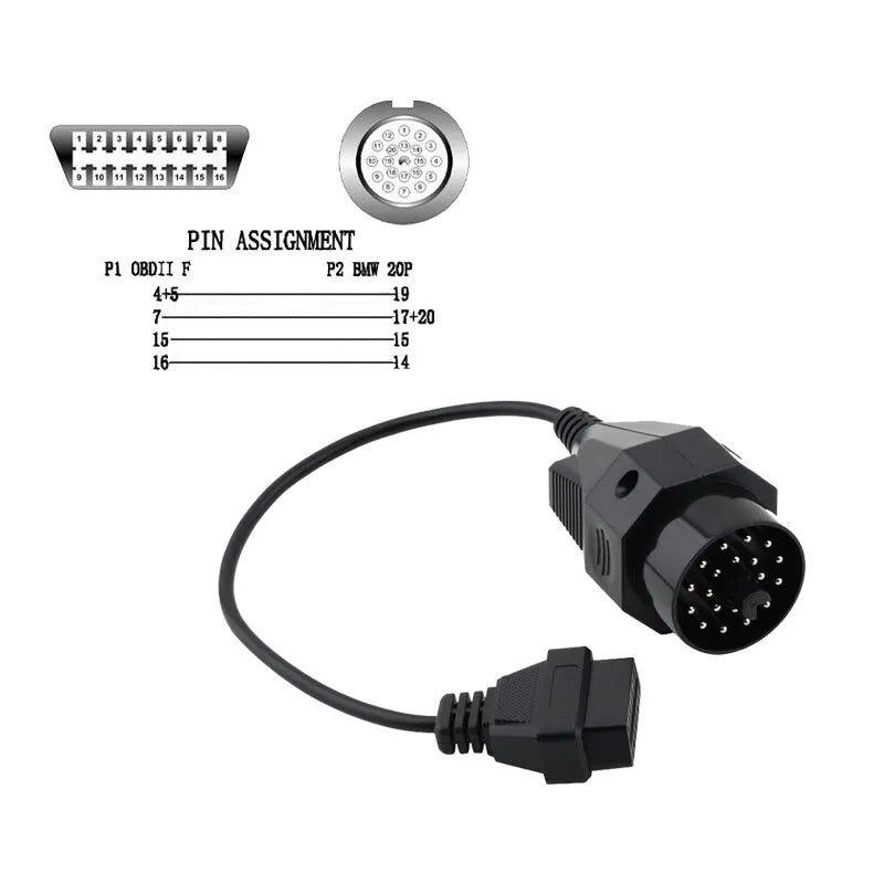 OBD2 adapter cable with a black BMW 20-pin plug and a standard 16-pin female OBD2 socket on the ends.