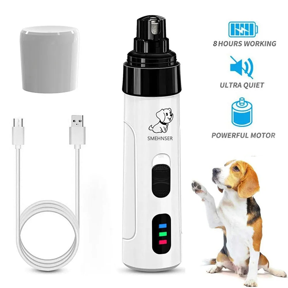 Electric dog nail grinder tool with speed settings, LED display, and dust collection chamber.