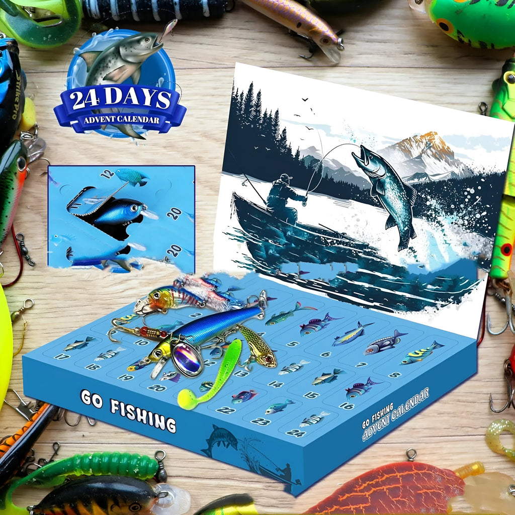 Christmas fishing gear advent calendar set with plastic tackle box showing fourteen compartments