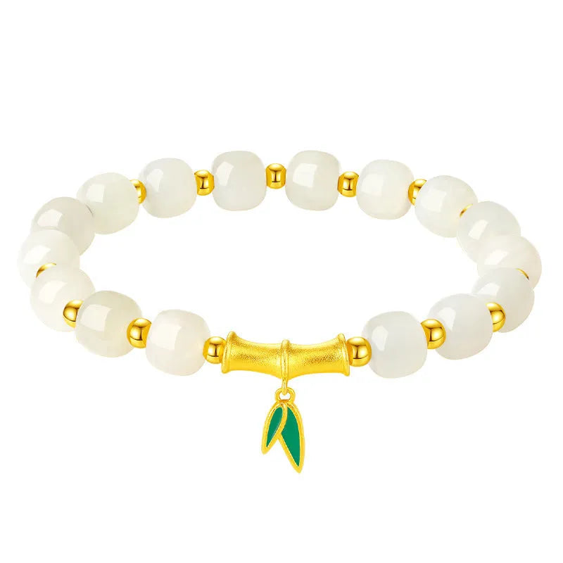 Sterling silver bracelet with natural Hetian jade bamboo leaf beads in zhizhu colour