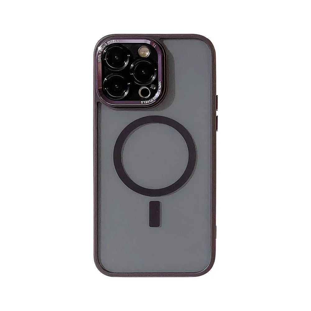 Transparent metal acrylic magnetic suction TPU phone case for iPhone, black and purple colour options