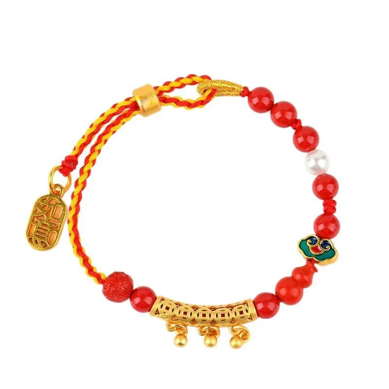 Cinnabar red rope bell-bracelet with hand-woven geometric design and round elements