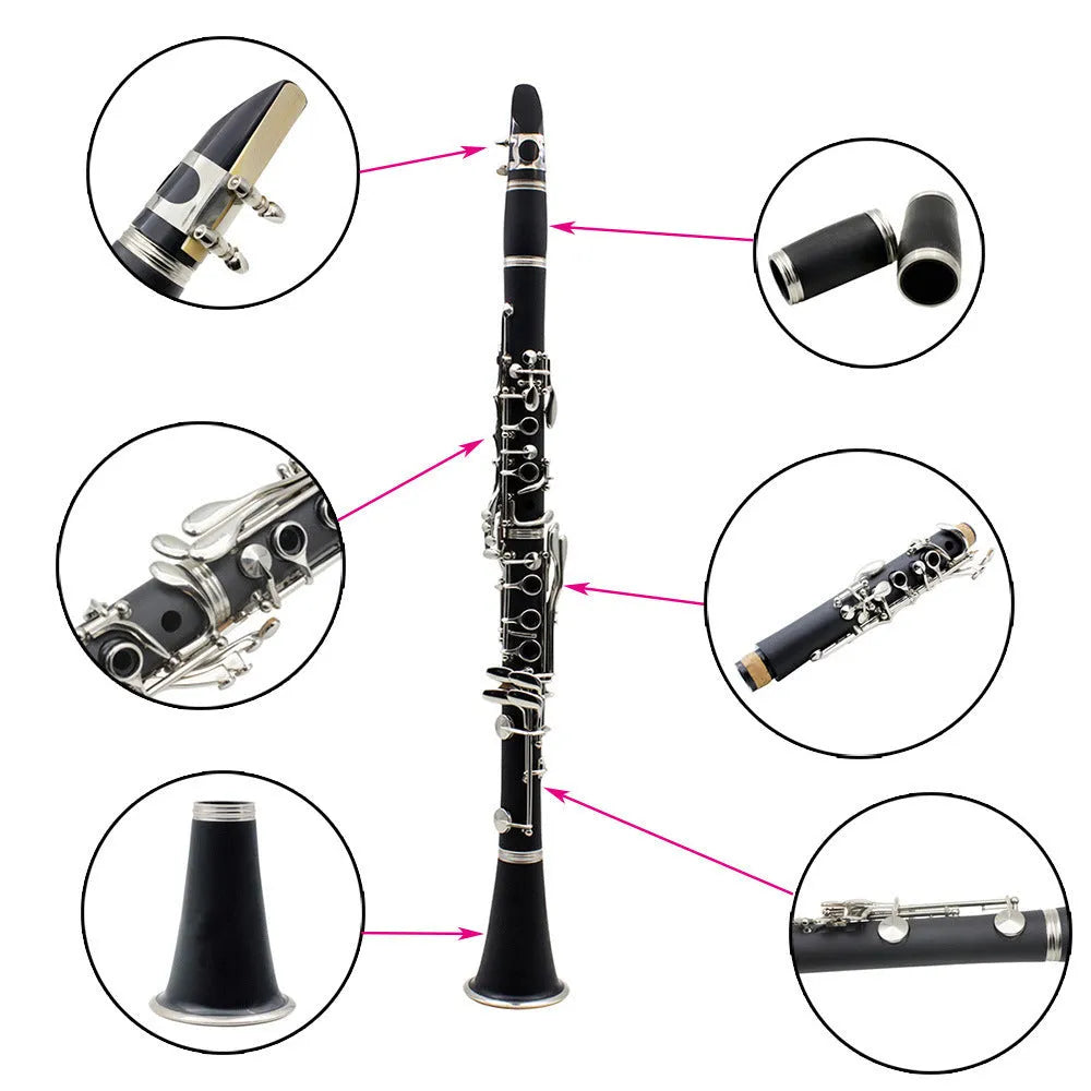 Black bakelite clarinet with 17 nickel-plated keys and carrying bag for beginner musicians