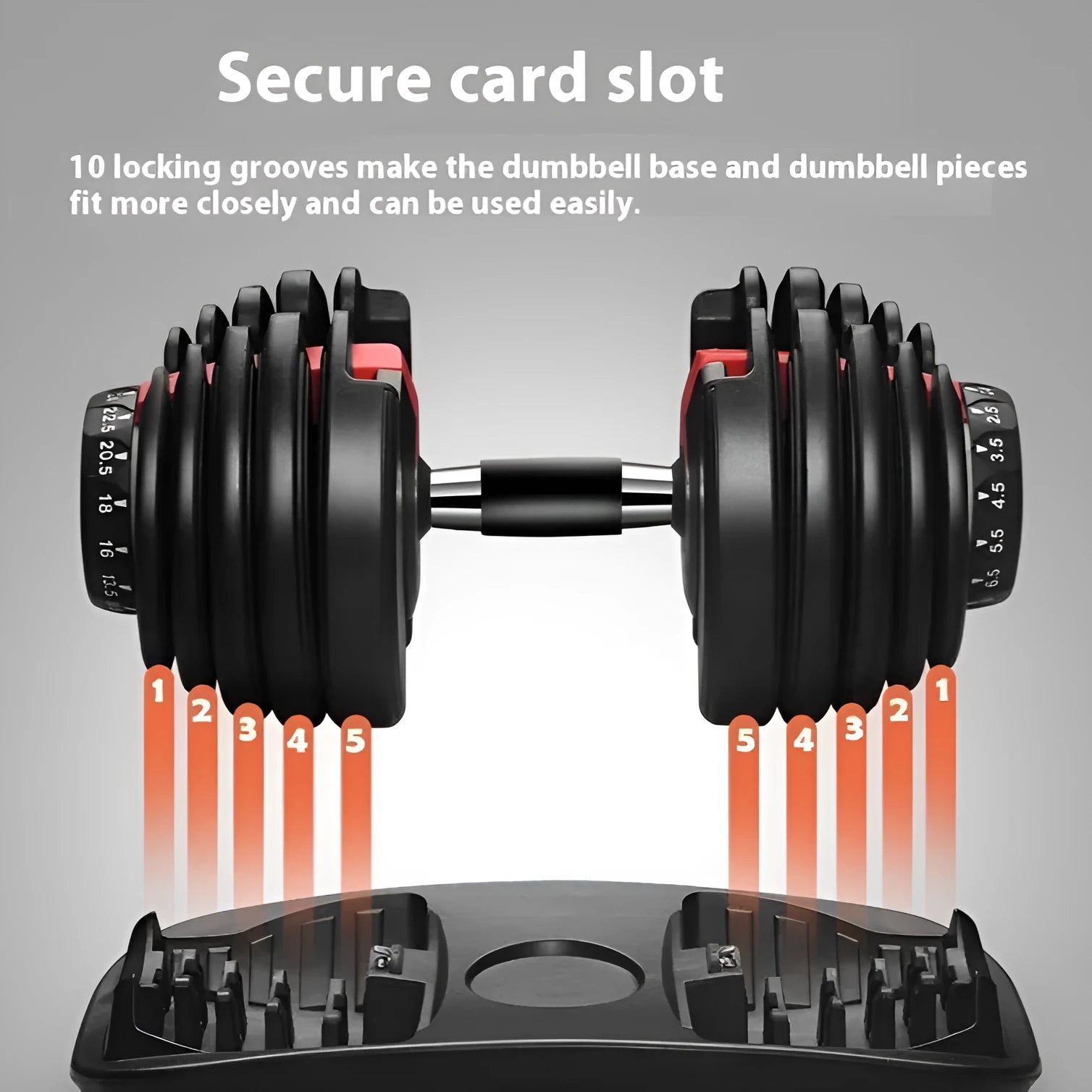 Adjustable 15 gear dumbbell with steel plate and plastic construction for men's fitness