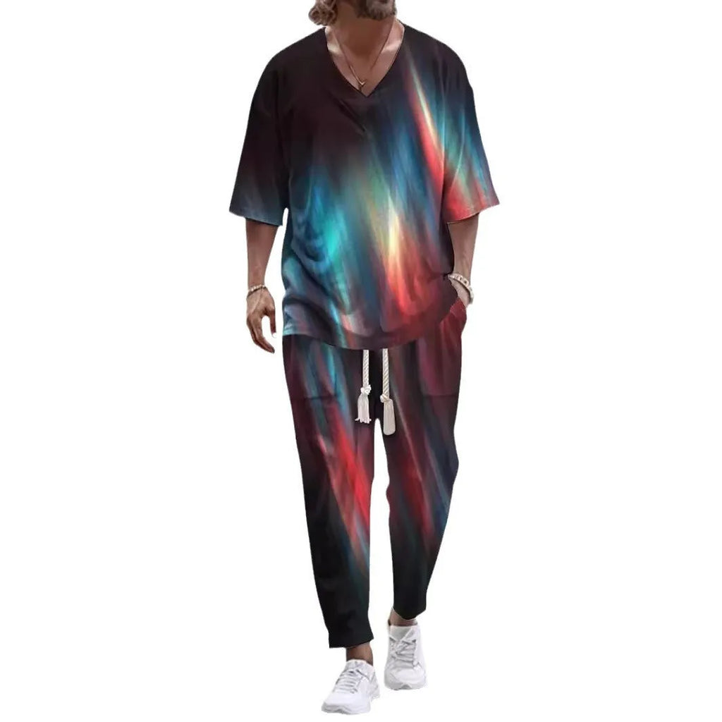 Cropped sleeve V-neck jacket and matching trousers suit on a hanger.