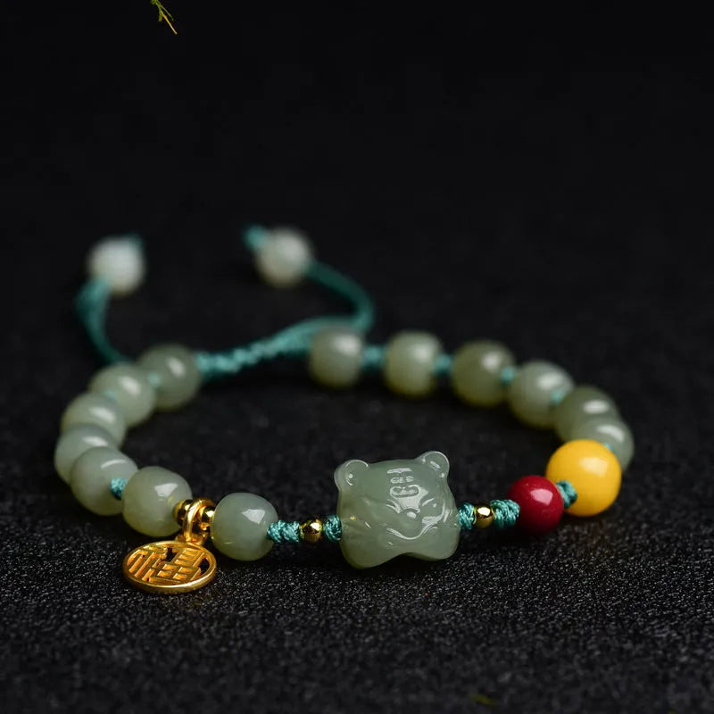 Natural Hetian jade and cinnabar beeswax bead bracelet with animal zodiac design, bead size 5x7mm.