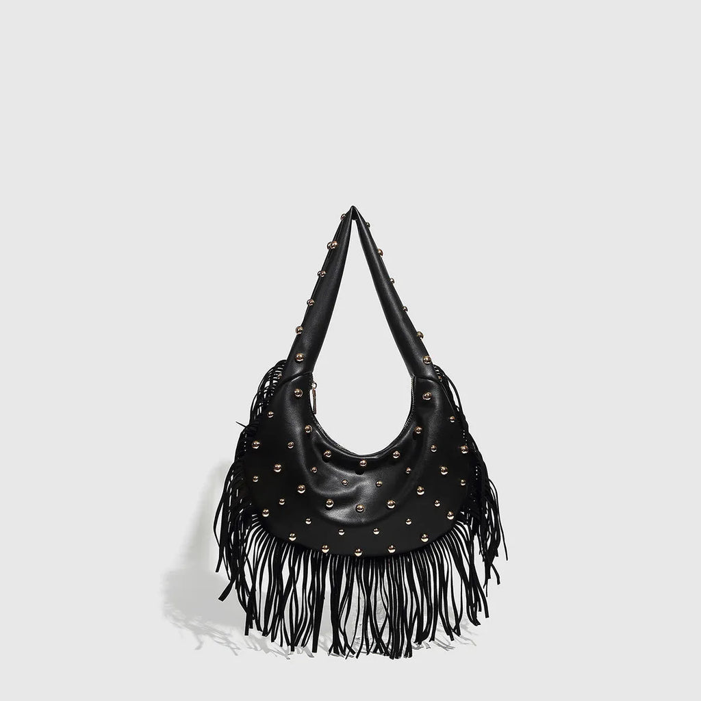 Retro tassel shoulder handbag in black or wine red with mobile phone compartment