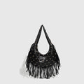 Retro tassel shoulder handbag in black or wine red with mobile phone compartment