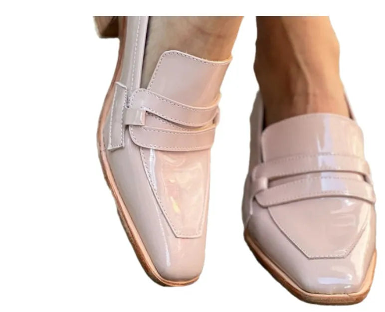 Women's slip-on square toe stiletto heels in light pink with imitation leather lining