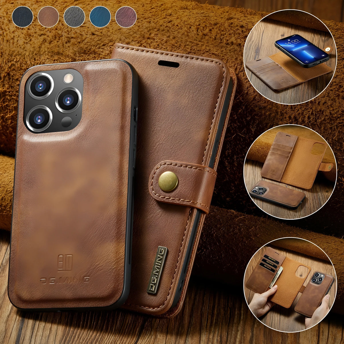 Split leather phone case with card slots and magnetic closure in black for iPhone