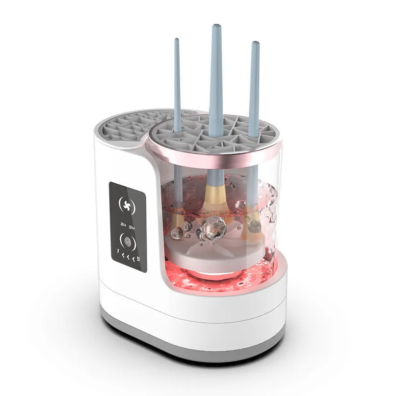 Electric makeup brush cleaning device with drying chamber showing brush placement and compact design