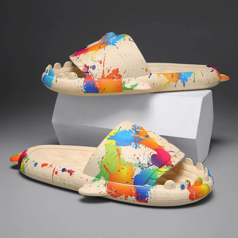 Casual open toe shark design EVA home slippers in beige colour on a white background.