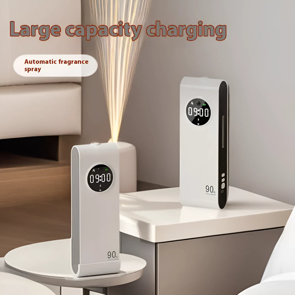 White and black automatic aerosol dispenser with touch button controls for household deodorizing
