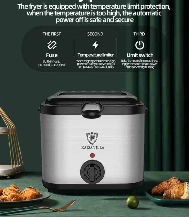 Silver electric air fryer with transparent cooking chamber and detachable frying basket