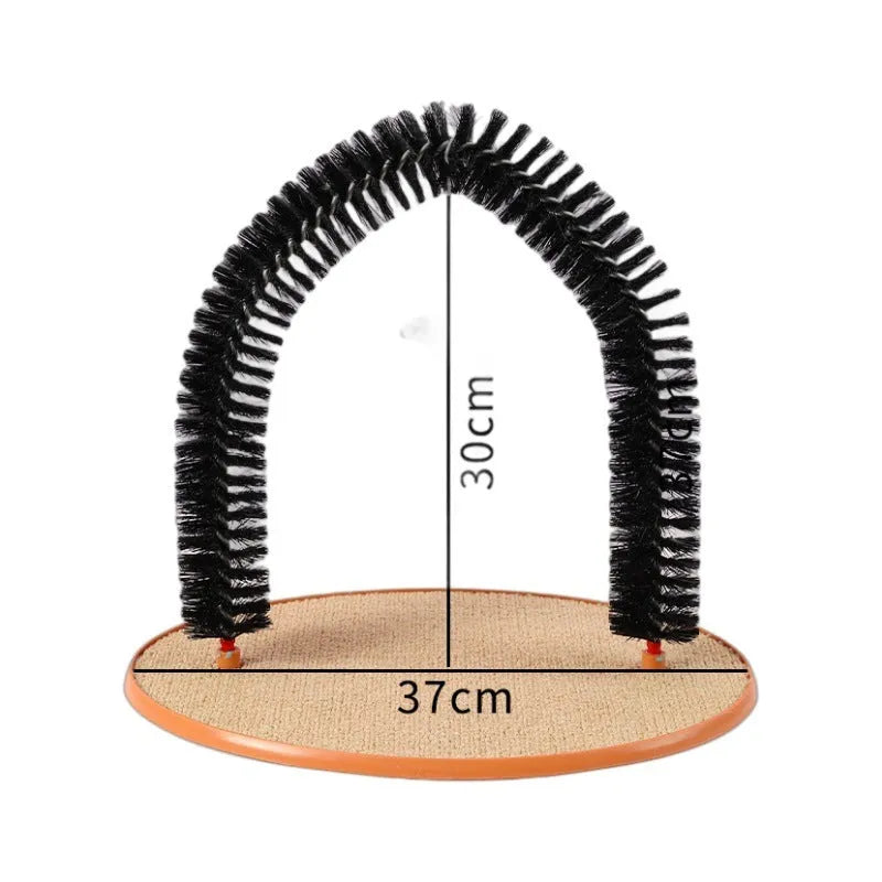 Black arch-shaped cat grooming brush with attached mouse toy on non-slip base