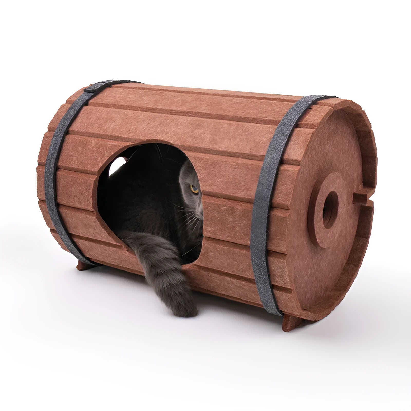 Assembled wine barrel shaped cat bed made from polyester fibre felt panels
