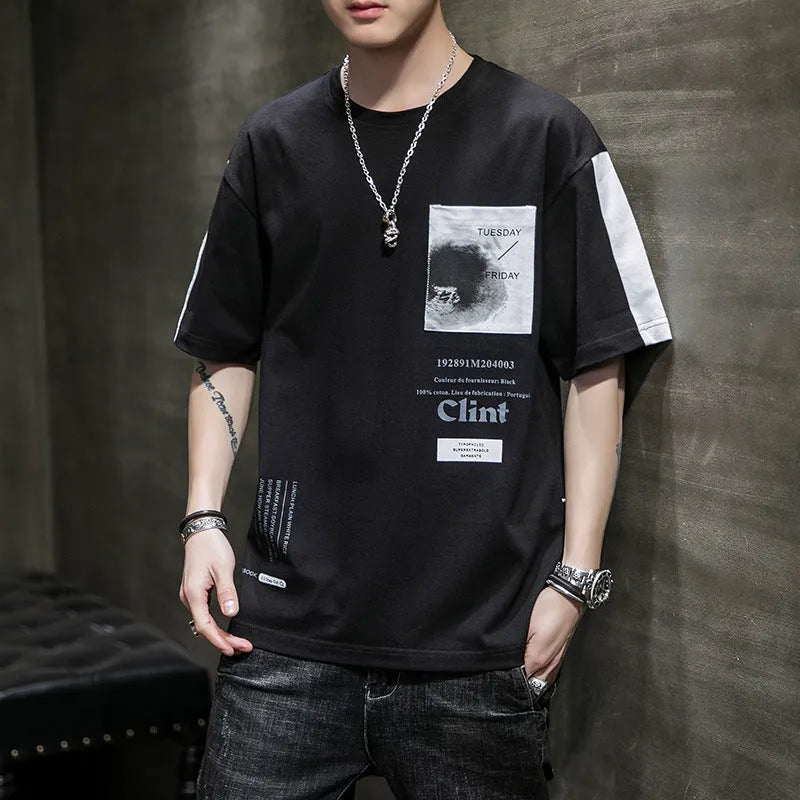 Men's cotton loose round neck T-shirt with letter print, half sleeve, black/white colour option