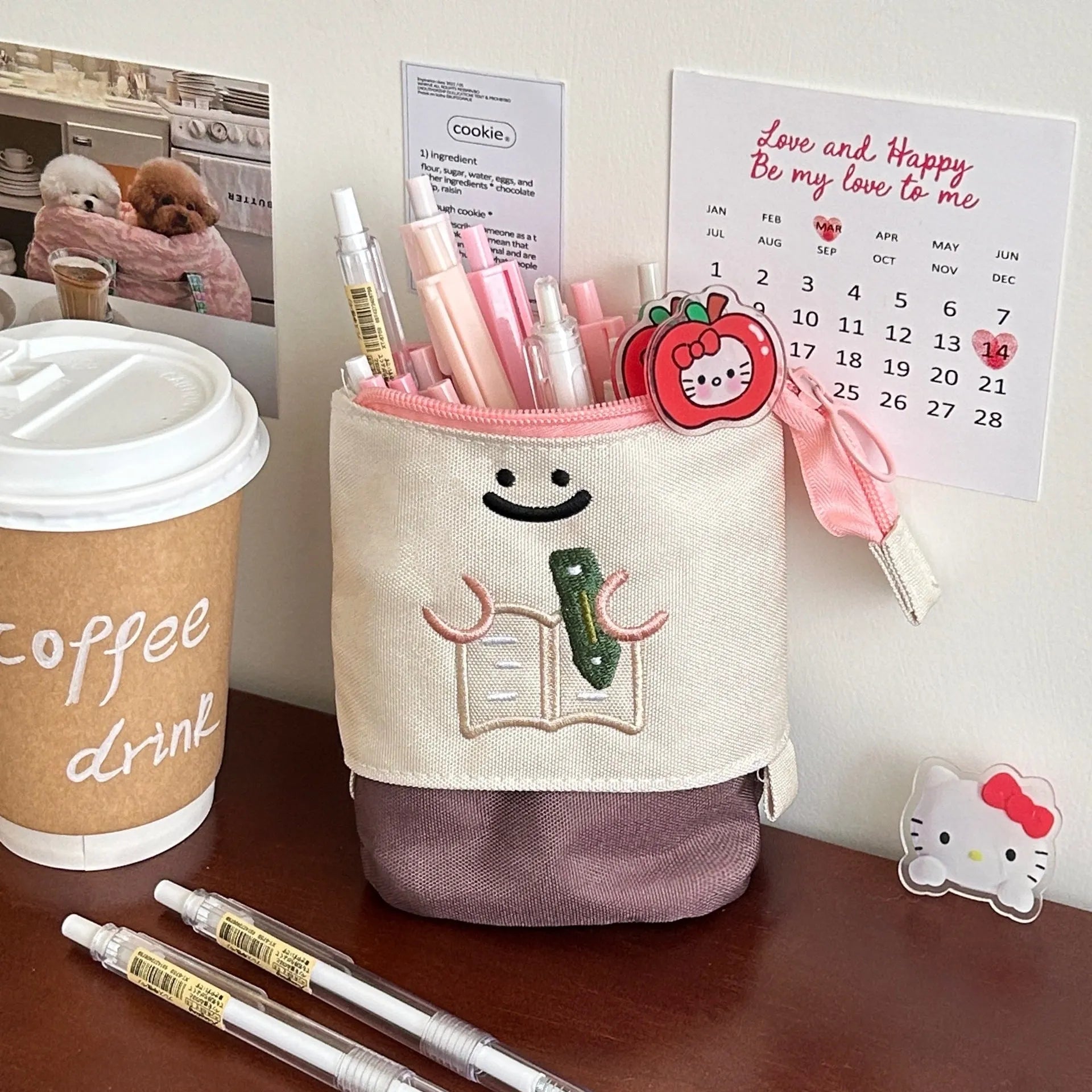 Brown Korean-style cartoon collapsible pencil case made from Oxford cloth, shown open and closed.