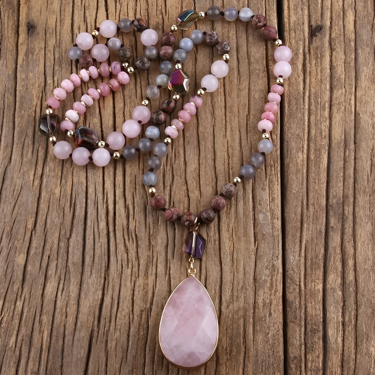 Women's natural stone necklace with geometric ellipse pendant, knot chain, and 81cm and above circumference