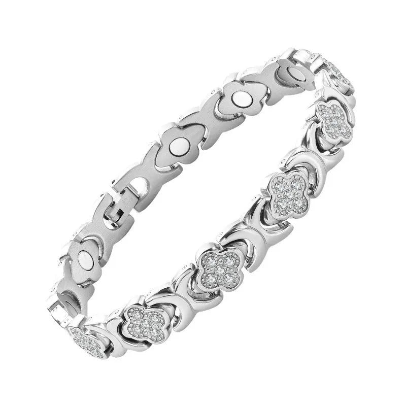 Clover magnet bracelet, zinc alloy flower shape with single row diamond-set stones and magnetic clasp, unisex, Style 4 or Style 5