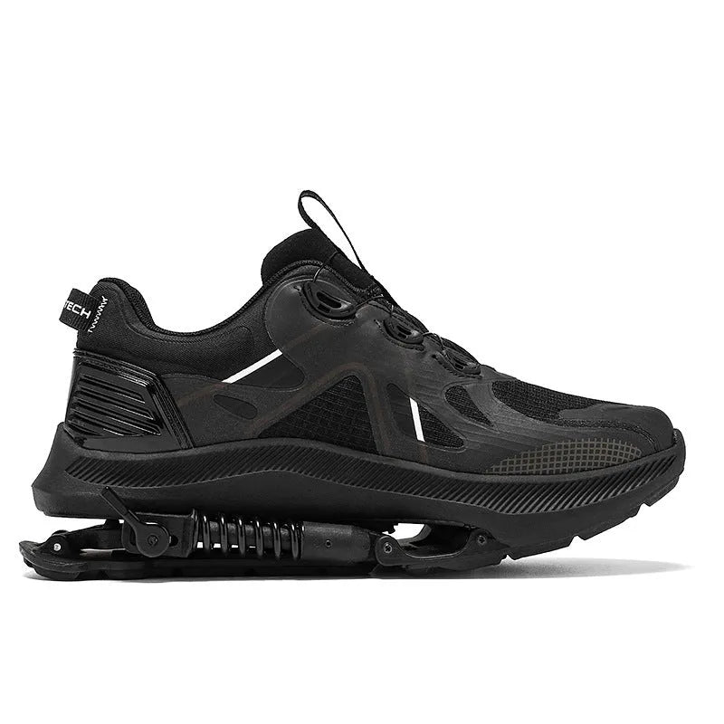 Black mesh mechanical running shoes with a buckle fastening and a mid-top design on an EVA rubber sole.