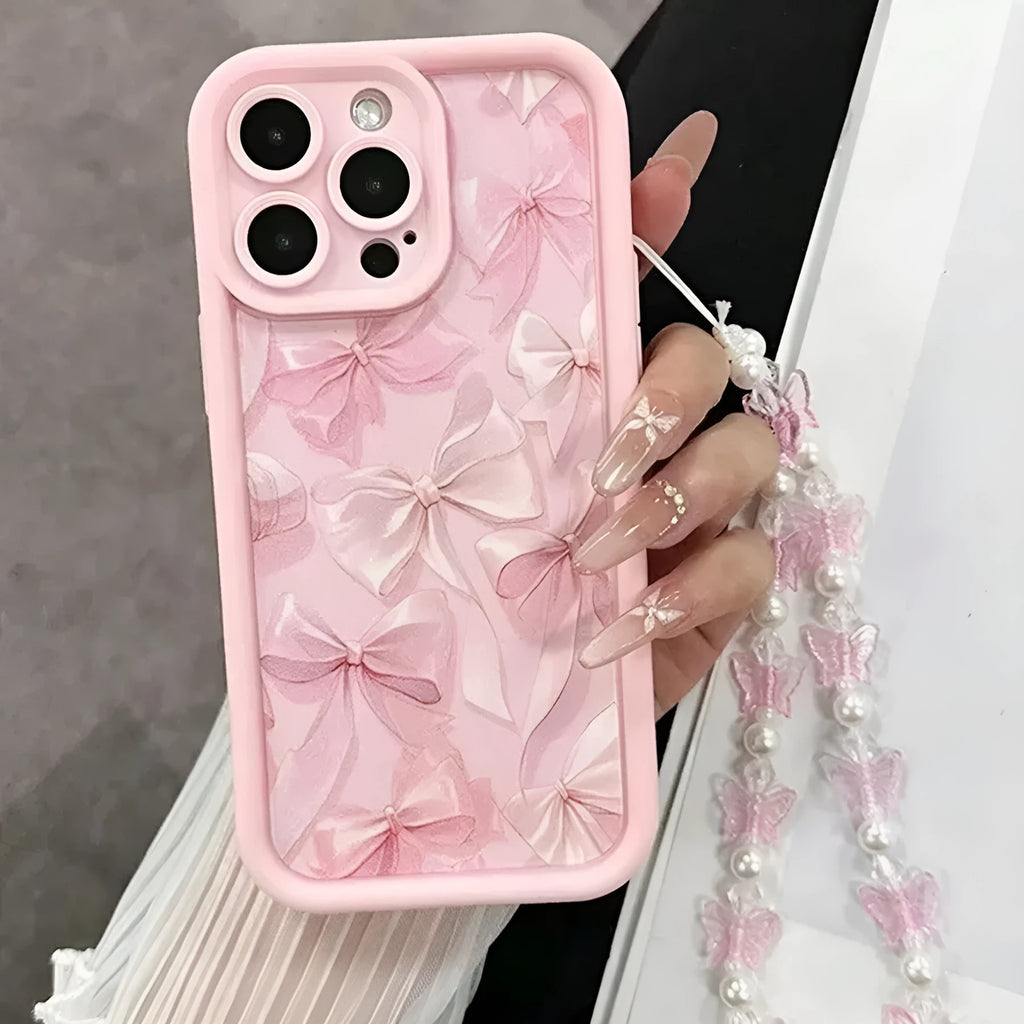 Pink TPU phone case with cartoon butterfly bracelet for iPhone 11 to 17 series