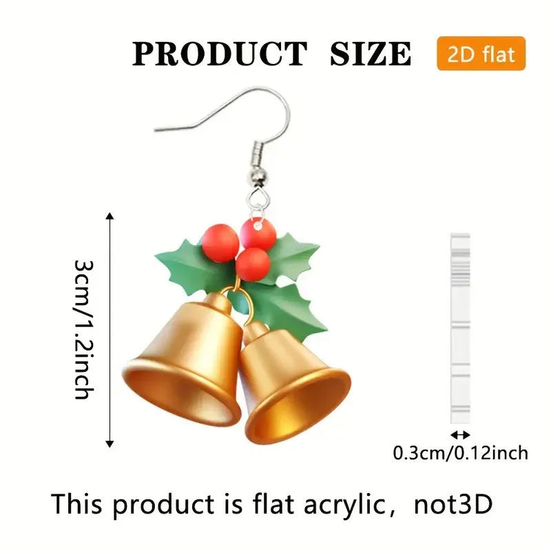 Pair of acrylic bell earrings in Christmas style for unisex wear