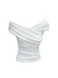 White irregular off-shoulder short sleeve t-shirt for women, pullover style, polyester fabric