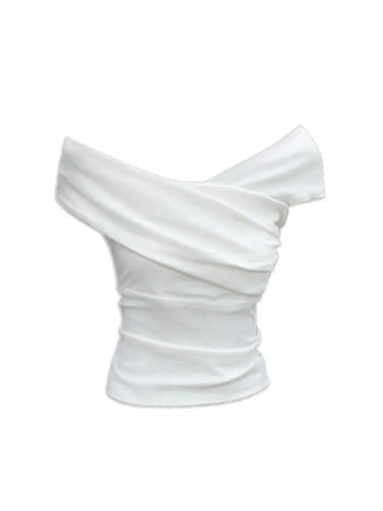 White irregular off-shoulder short sleeve t-shirt for women, pullover style, polyester fabric