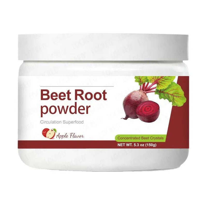 150g jar of apple-flavoured beetroot powder drink mix with vitamin C, magnesium, and potassium