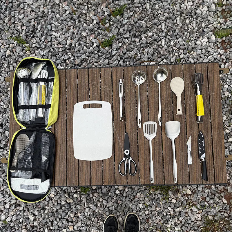12-piece stainless steel picnic kitchenware set in portable storage bag with khaki exterior