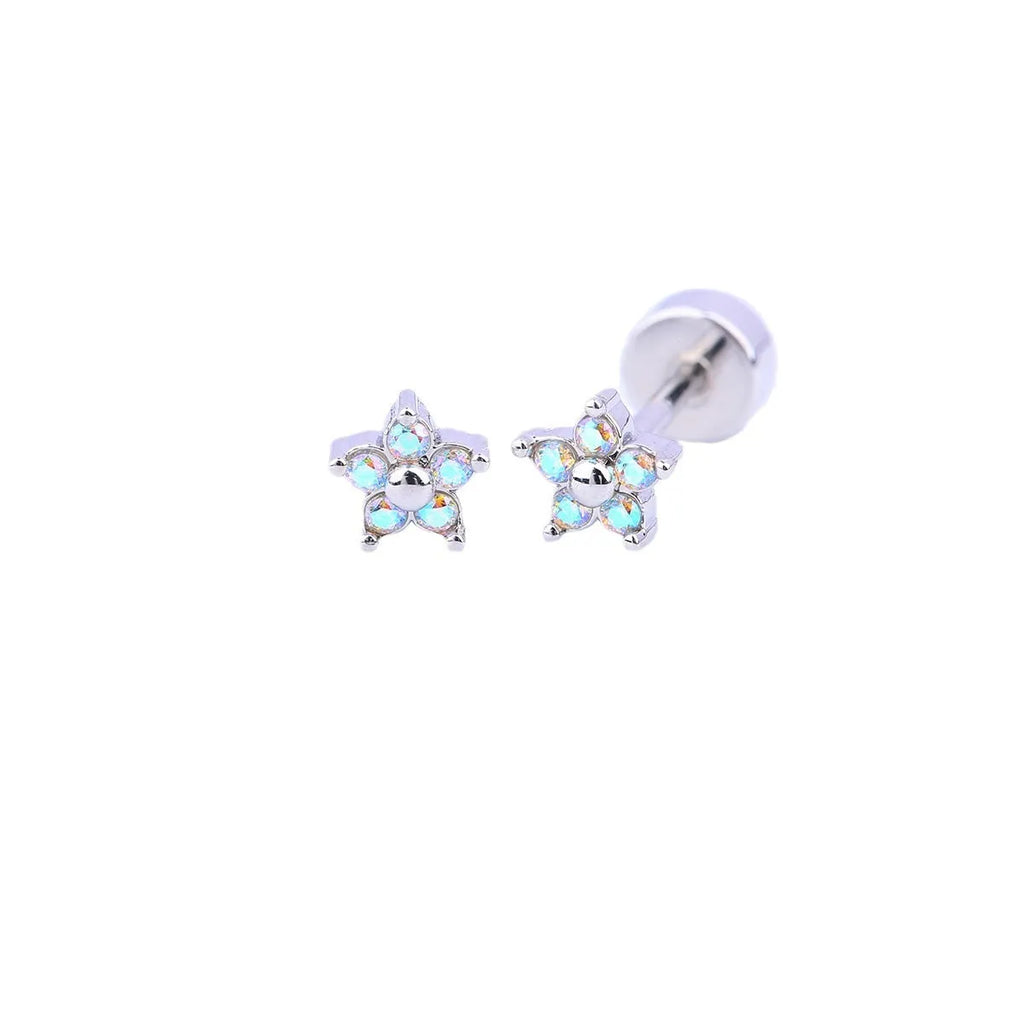 Copper-plated gold micro inlaid zircon five-petal plum flower ear studs on a white background, unisex design, real gold thick plating