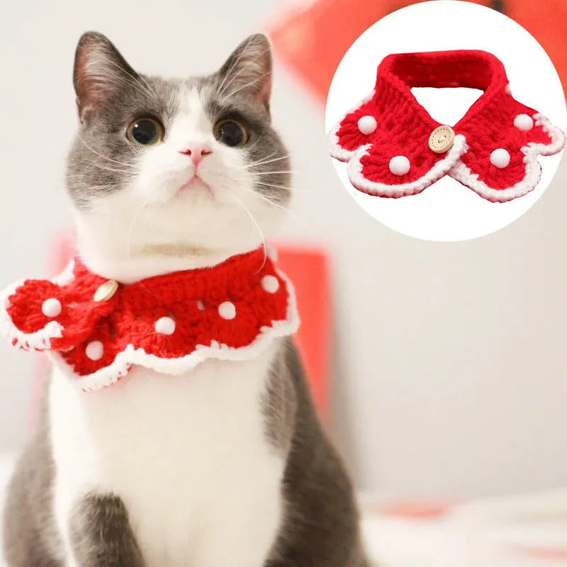 Cartoon pattern wool knitted collar for small pets in milk cotton, shown in multiple sizes.