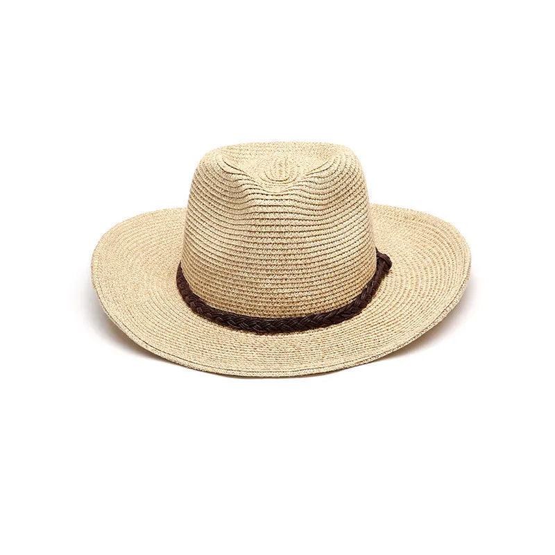 A foldable straw sun hat for men with a wide brim, shown in a beige colour.