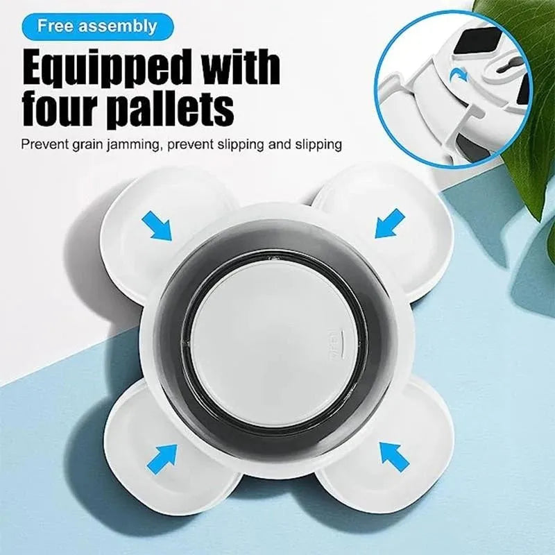 White plastic dog press leakage food feeder with optional plate and disk upgrades.