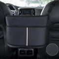 Black leather car seat storage bag with a carbon fibre pattern, showing its size next to a car seat.