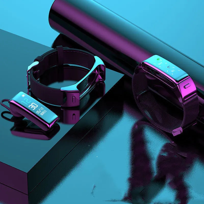 Black multifunctional Bluetooth electronic smartwatch with a touch screen on a leather strap.