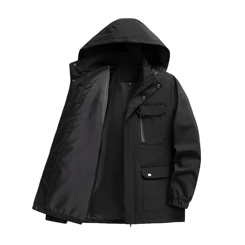 Men's hooded outdoor jacket in black, dark blue or apricot with zip pockets and loose fit