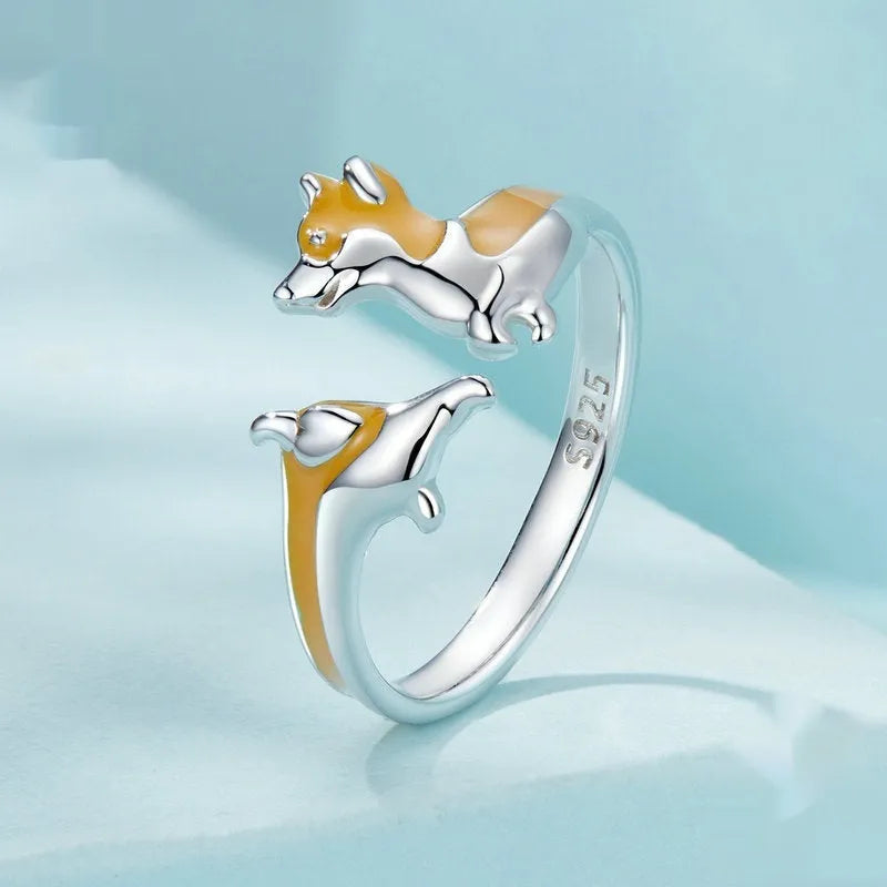 Cartoon Corgi dog design silver plated ring for women with electroplated SCR1014-E finish
