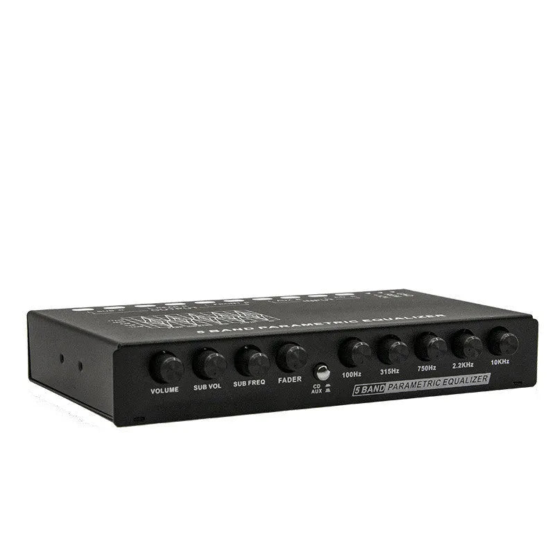 Car audio EQ equaliser unit with front panel controls for frequency and subwoofer volume adjustment