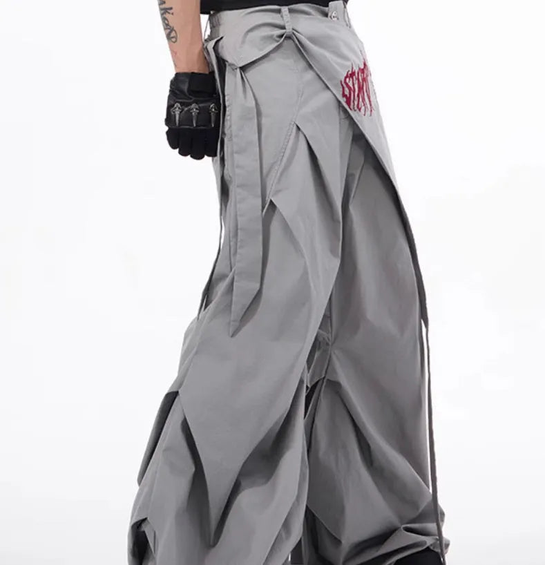Korean style wide-leg function pants for boys in black solid colour with relaxed fit