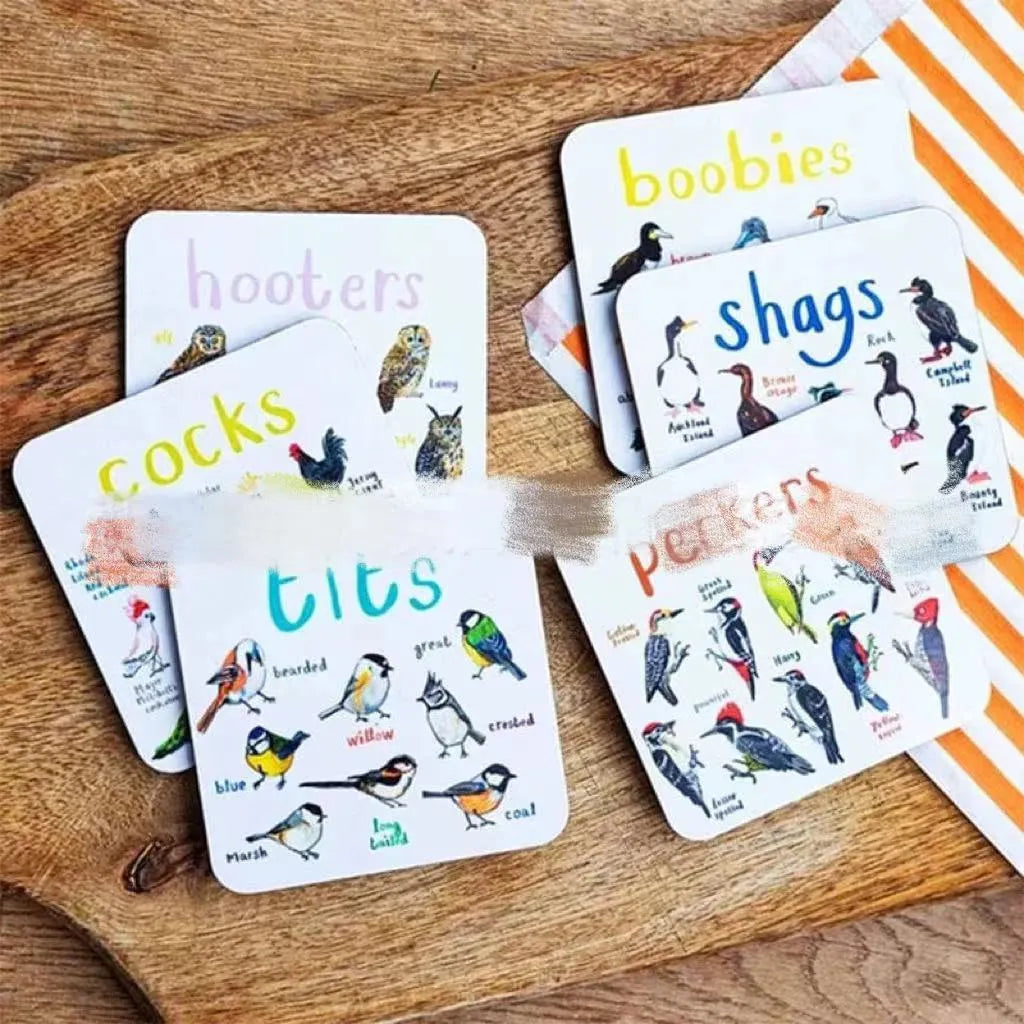 Set of 6 square bird pun coasters with PVC material, each featuring a different bird chart, 10x10x0.35 cm