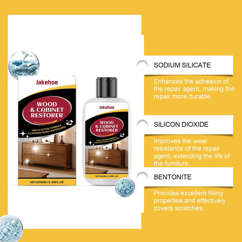 100ml bottle of wooden furniture scratch care agent with a microfibre towel on a wooden table.