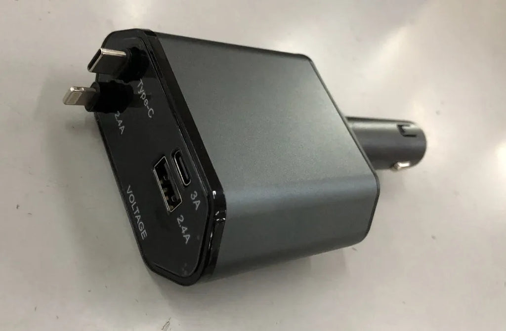 Automatic retractable vehicle charger with headband and multi-port plug for cigarette lighter socket