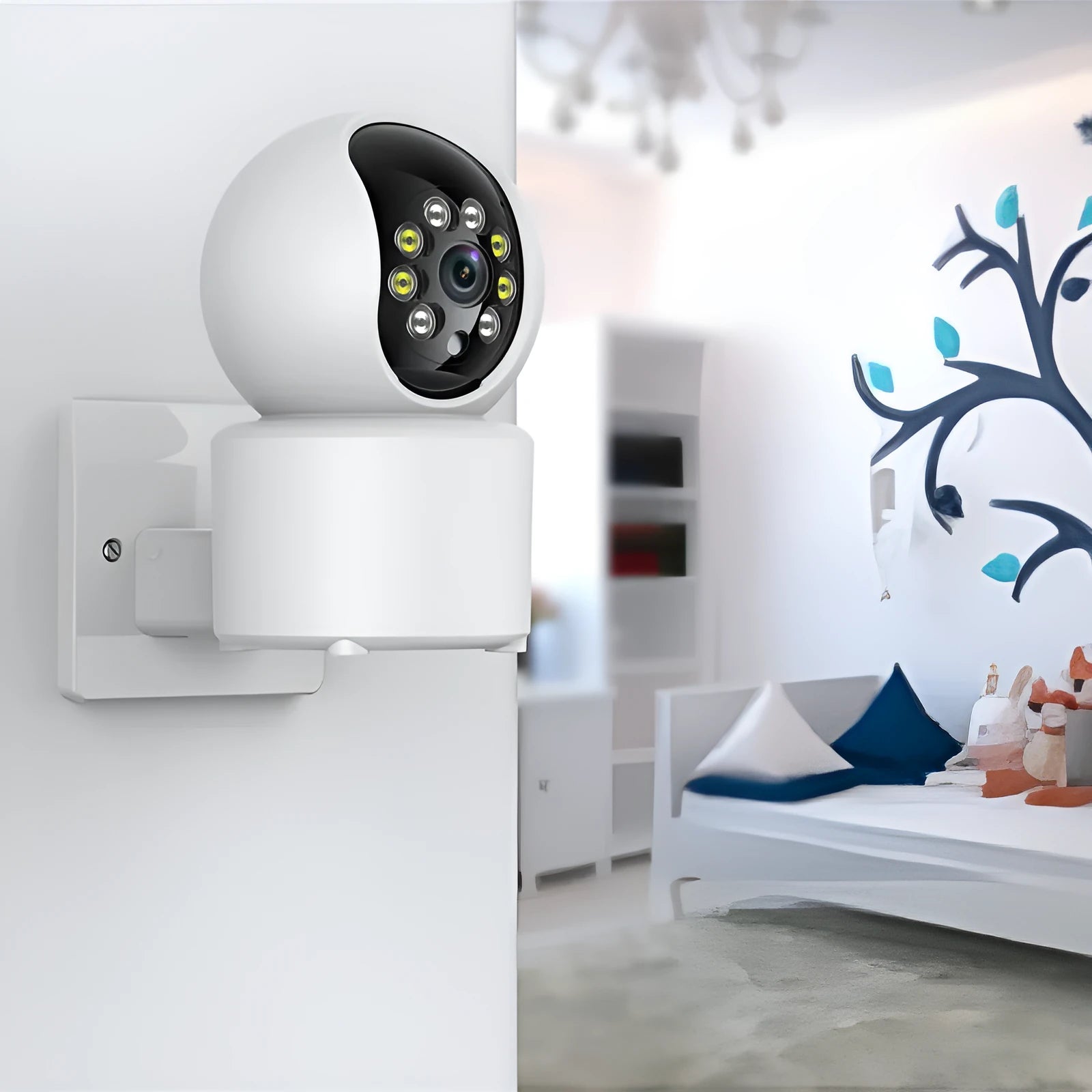 White indoor WiFi security camera with 360-degree rotation capability on stand