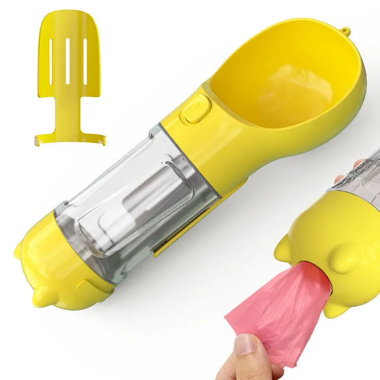 Portable 3-in-1 dog water bottle with poop dispenser and treat holder, 300ml capacity in aquamarine