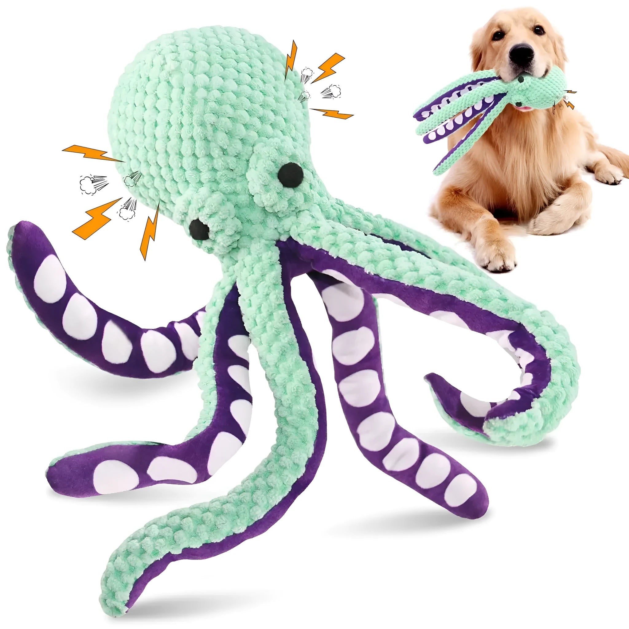 Blue plush octopus dog chew toy with six long legs and cartoon eyes on a white background